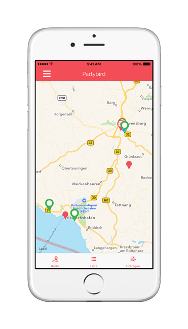 Screenshot der App mit der Kartenansicht