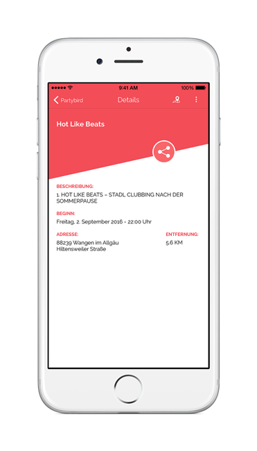 Screenshot der App mit Partydetails und Teilen