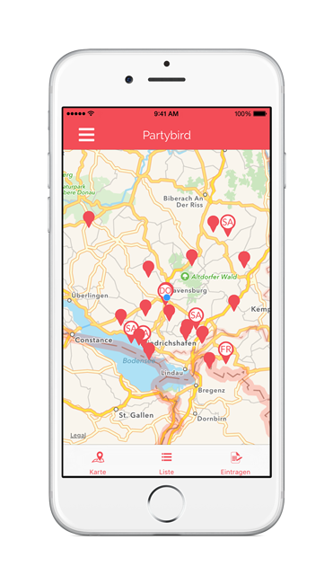 partybird App Screenshot der Startseite